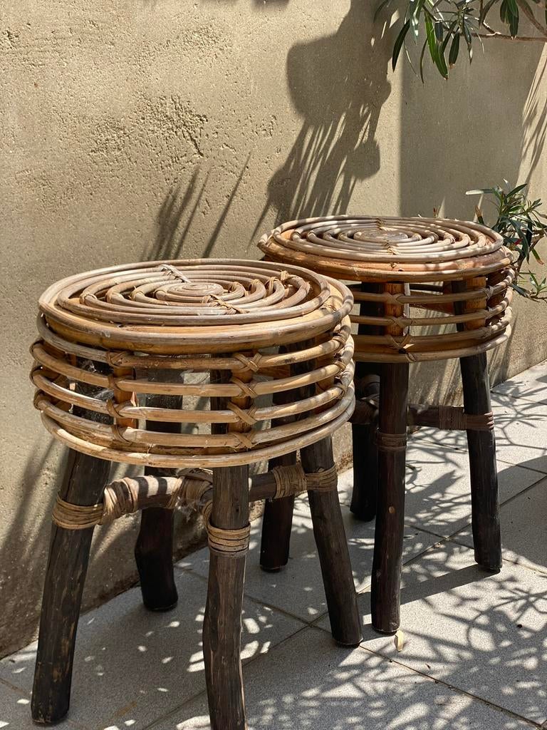 Vintage rotan bamboe krukjes, Ophalen, Zo goed als nieuw