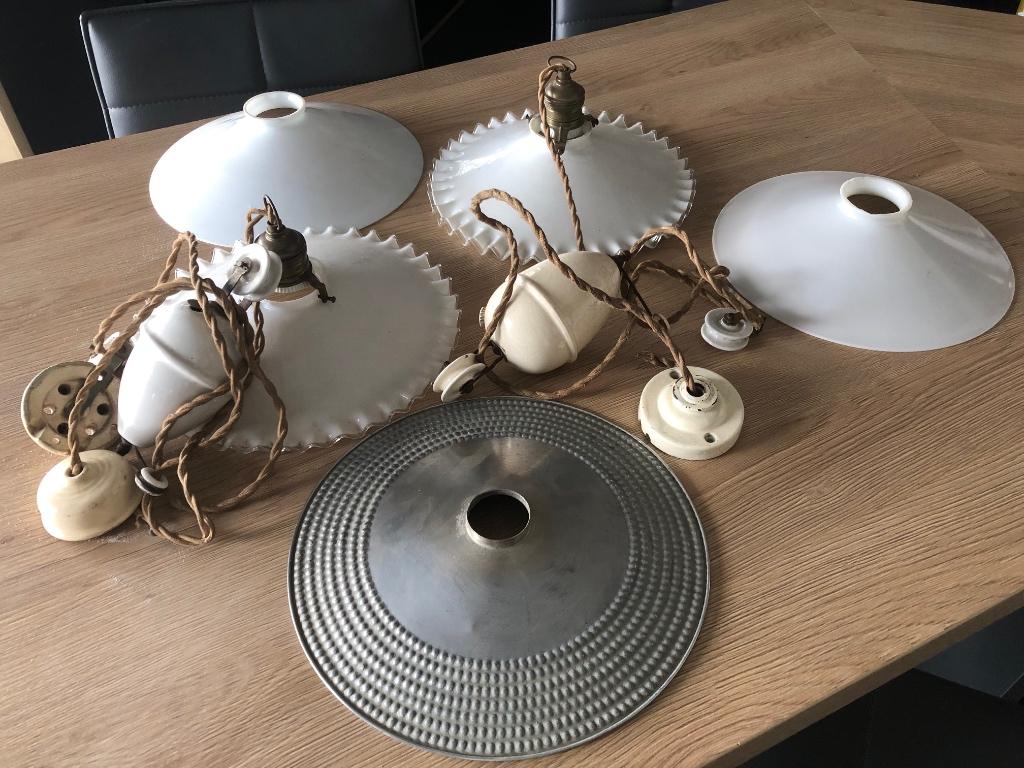 2 lampes anciennes à poulie en opaline, cuivre, porcelaine, Antiquités & Art, Enlèvement