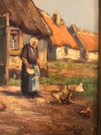 Schilderij boerin met kippen, Antiek en Kunst, Ophalen