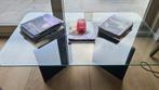 Tafel van gehard glas met marmeren poten, Huis en Inrichting, Ophalen, Gebruikt, Glas