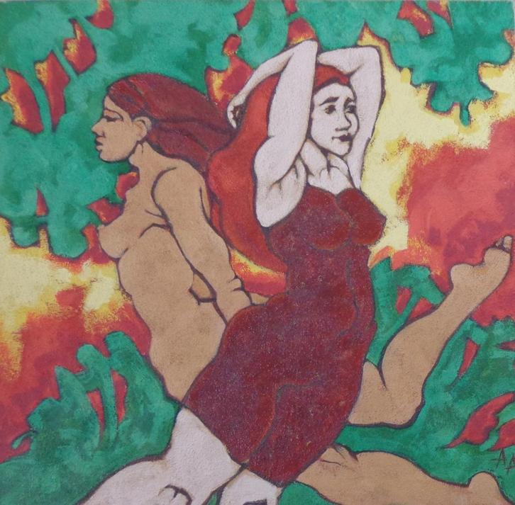 ALEXANDRE A. / DANSENDE VROUWEN / ACRYLVERF / 90x90cm / MONO, Antiek en Kunst, Kunst | Schilderijen | Modern, Ophalen