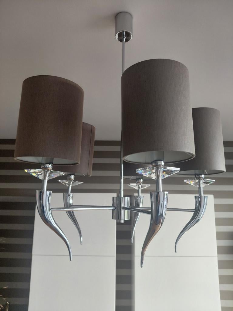 Kroonluchter zilver met kappen in stof. Gratis af te halen., Ophalen, Bruin