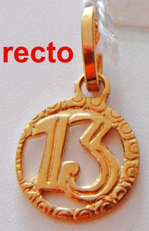 Pendentif / médaille "13" porte-bonheur rond en or 8K, neuf, Handtassen en Accessoires, Kettinghangers, Nieuw, Goud, Geel, Overige voorstellingen