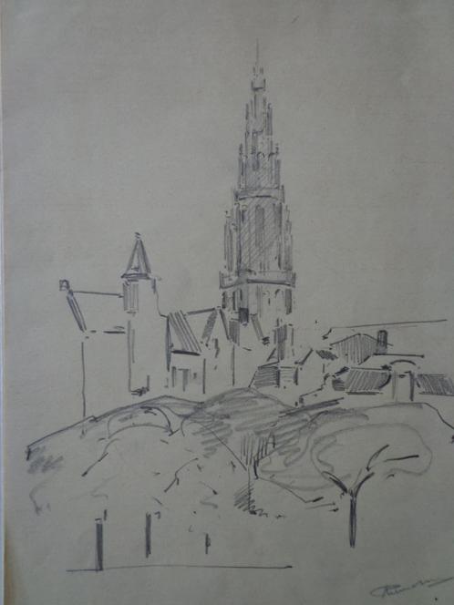 potloodtekening gezicht van de kathedraal te Antwerpen, Antiek en Kunst, Kunst | Tekeningen en Fotografie, Ophalen of Verzenden