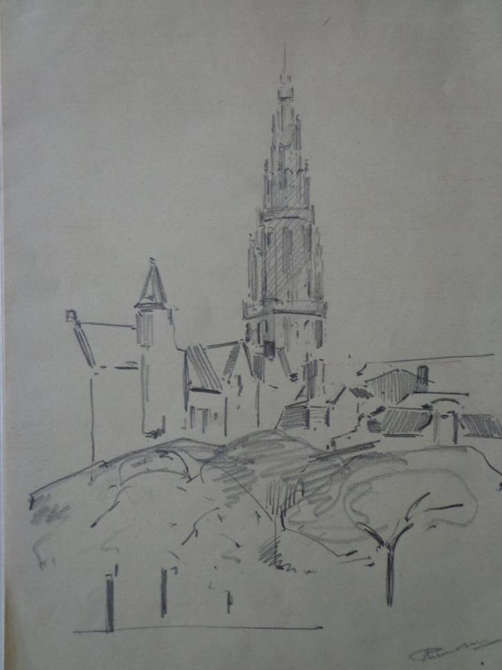 potloodtekening gezicht van de kathedraal te Antwerpen, Antiek en Kunst, Kunst | Tekeningen en Fotografie, Ophalen of Verzenden