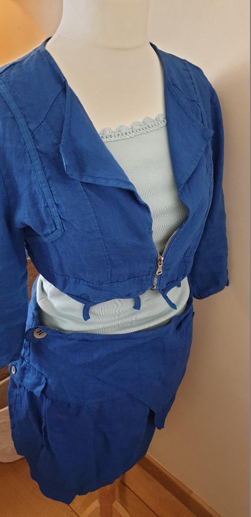 Julie Mode linnen set - L en XL, Kleding | Dames, Grote Maten, Zo goed als nieuw, Overige typen, Blauw, Ophalen of Verzenden