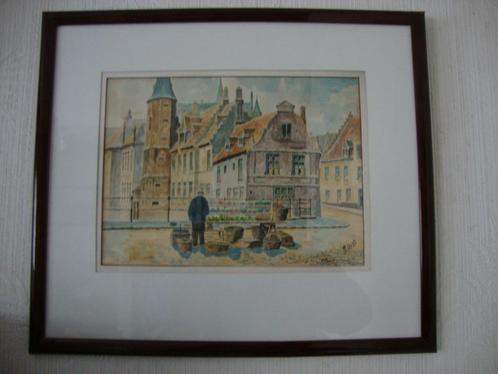 Aquarel van J. AERTS - Rozenhoedkaai Brugge, Antiek en Kunst, Kunst | Schilderijen | Klassiek, Ophalen of Verzenden