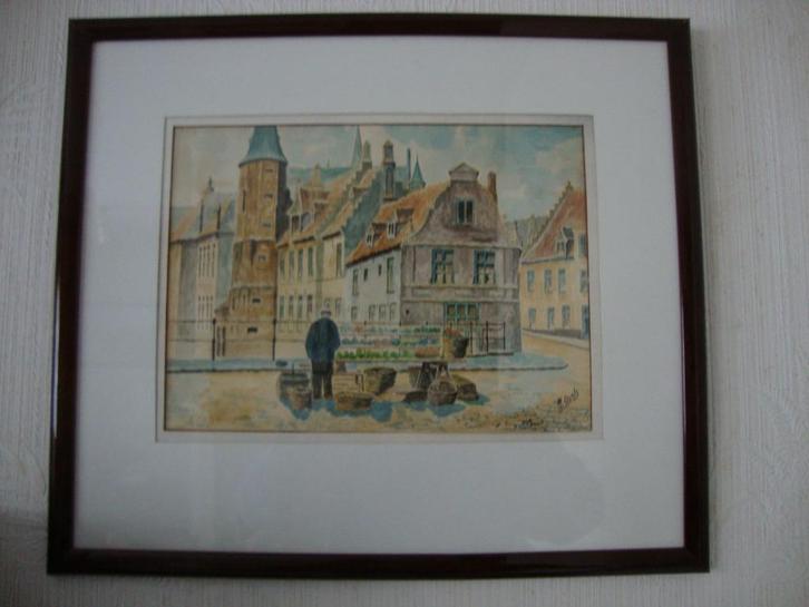 Aquarel van J. AERTS - Rozenhoedkaai Brugge, Antiek en Kunst, Kunst | Schilderijen | Klassiek, Ophalen of Verzenden