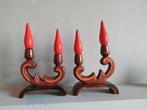 Set van 2 retro houten kandelaars met houten sierkaarsen, Ophalen of Verzenden