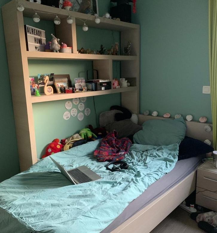 Eenpersoonsbed, Huis en Inrichting, Slaapkamer | Bedden, Zo goed als nieuw, Eenpersoons, 90 cm, 200 cm, Hout, Beige, Ophalen