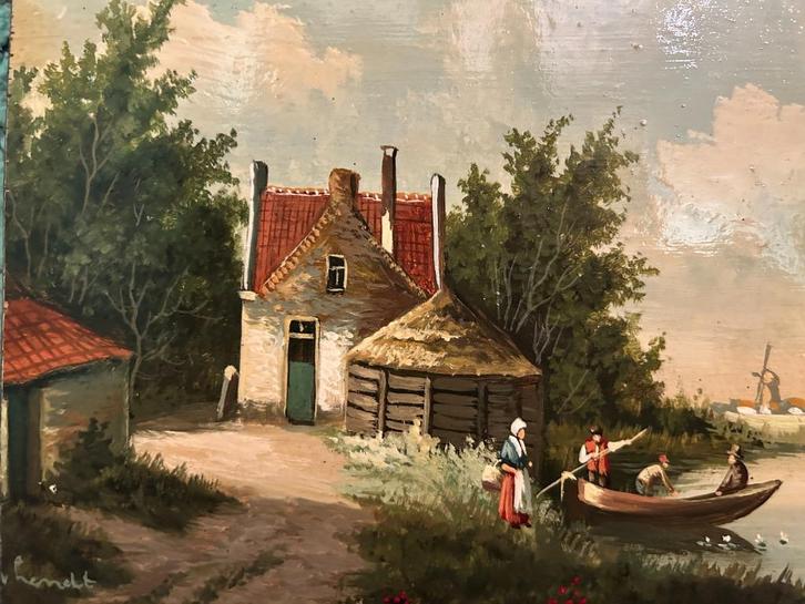 v.  Lenelt; personen met boot aan de vijver, Antiek en Kunst, Kunst | Schilderijen | Klassiek, Ophalen of Verzenden