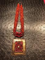 N4 Collier ethnique avec pendentif, rouge/orange, 33 cm, Handtassen en Accessoires, Kettingen, Overige materialen, Gebruikt, Ophalen