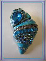 Broche >> SCHELP << multi-kleurige strass goudkleur drager, Ophalen, Overige materialen, 4 tot 7 cm, Blauw