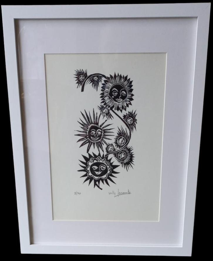 houtsnede Willy Lecomte "zonnebloemen"., Antiek en Kunst, Kunst | Etsen en Gravures, Ophalen of Verzenden