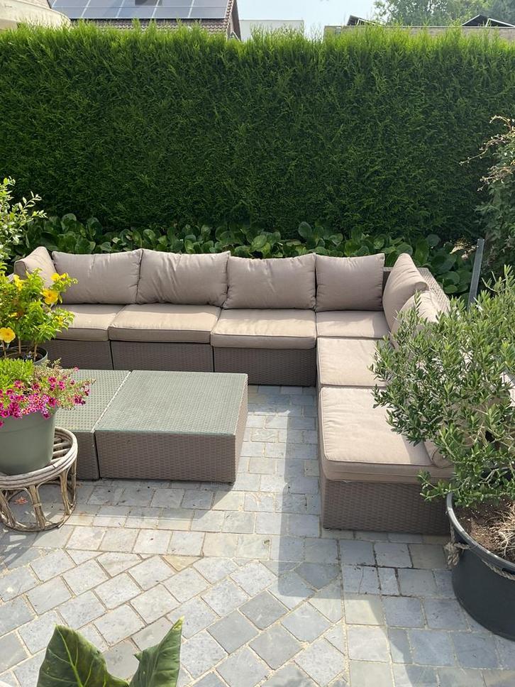 Tuinzetel in beige kleur met 2 tafels van ‘Bristol’, Tuin en Terras, Tuinsets en Loungesets, Gebruikt, Loungeset, Wicker, Meer dan 8 zitplaatsen