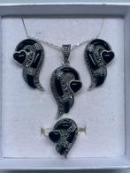 Prachtige zilveren setje met onyx, Bijoux, Sacs & Beauté, Boucles d'oreilles, Avec pierre précieuse, Noir, Argent, Puces ou Clous