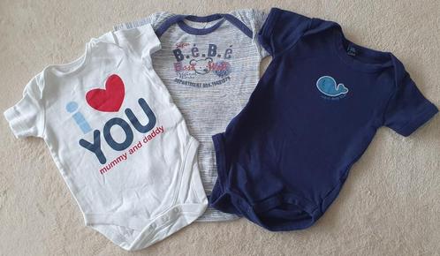 Lot de 3 bodies à manches courtes (blanc+bleu+rayé) - T68, Kinderen en Baby's, Babykleding | Maat 68, Gebruikt, Jongetje of Meisje