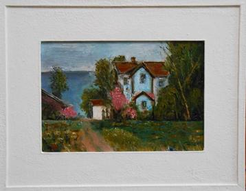 "Huis in het Woods" Ingelijst schilderij   beschikbaar voor biedingen