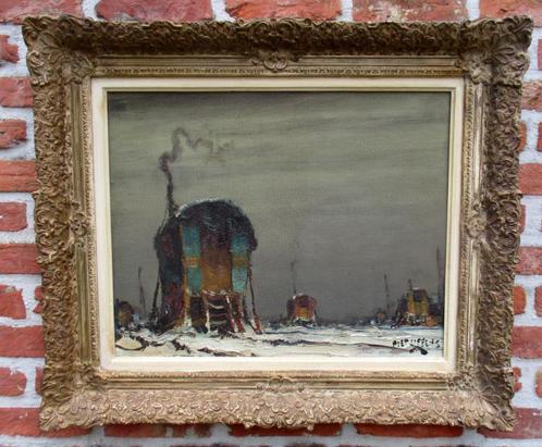 Piet Lippens ( 1890 1981 ) Woonwagens in de sneeuw, Antiek en Kunst, Kunst | Schilderijen | Klassiek, Ophalen of Verzenden