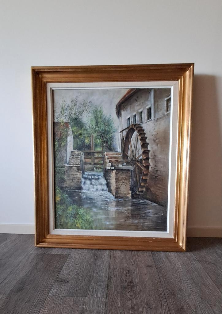 prachtige schilderij waterrad in vergulde houten kader, Antiek en Kunst, Kunst | Schilderijen | Klassiek, Ophalen