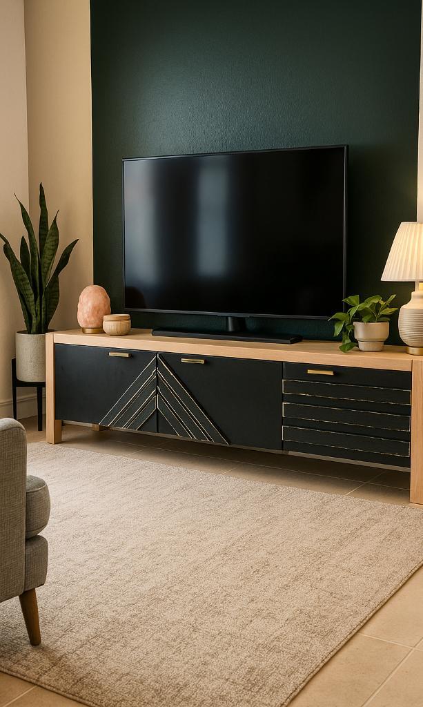 Tv-meubel zwart/goud/licht hout – modern design, Huis en Inrichting, Kasten |Televisiemeubels, Zo goed als nieuw, Minder dan 100 cm