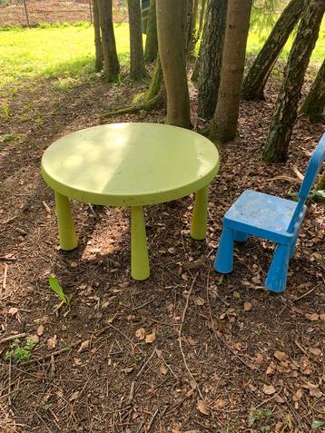 Table enfant verte Ikea + une chaise enfant bleue
