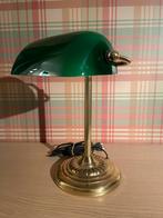 Vintage notarislamp met groene kap en voet in messing, Antiek, Moins de 50 cm, Enlèvement ou Envoi, Verre