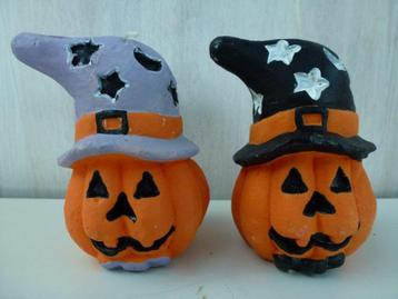 Halloween 2 kaarsjes pompoen met muts  beschikbaar voor biedingen