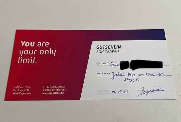 Bon/Gutschein für MyFitness Gym Bütgenbach Jahresabo, Tickets en Kaartjes, Kortingen en Cadeaubonnen, Eén persoon, Overige typen