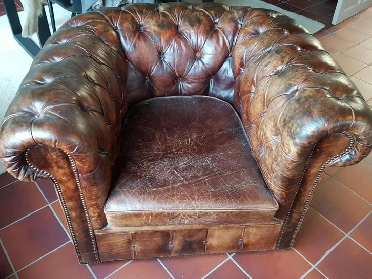 chesterfield zetel, Huis en Inrichting, Zetels | Zetels, Gebruikt, Vierpersoons of meer, 200 tot 250 cm, Leer, Ophalen