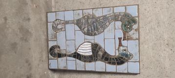 Mozaiek kunstwerk zeepaardjes  64x43 cm genaamtekend