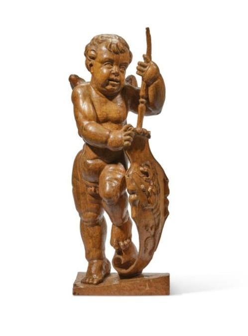 17e eeuws putto met wapenschild linde Duits houtsnijwerk b1, Antiquités & Art, Art | Sculptures & Bois, Enlèvement ou Envoi