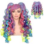 Luxe multi color pruik lang haar met krullen + 2 staarten op, Handtassen en Accessoires, Uiterlijk | Haarverzorging, Verzenden