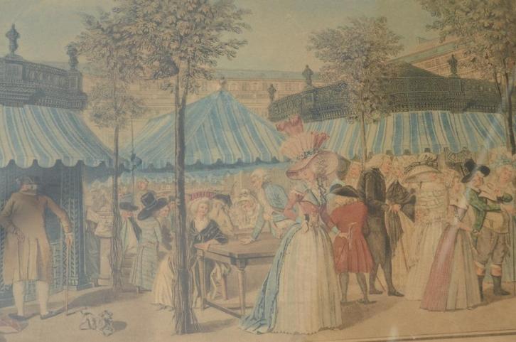 Fr. gravure ca 1787 'The Palais Royal Garden's Walk', Antiek en Kunst, Kunst | Etsen en Gravures, Ophalen of Verzenden
