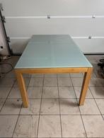 Houten tafel met glazen blad en 2 laden.  Staat ook op wielt, Ophalen, Gebruikt, 50 tot 100 cm, 150 tot 200 cm