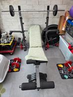 Complete halterbank + barbell + dumbbells + gewichten, Ophalen of Verzenden, Gebruikt, Benen, Halterset