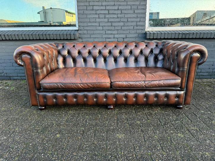 Stoere Chesterfield zetel bruin gevlamd GRATIS GELEVERD, Huis en Inrichting, Zetels | Voetbanken en poefs, Leer, Ophalen of Verzenden