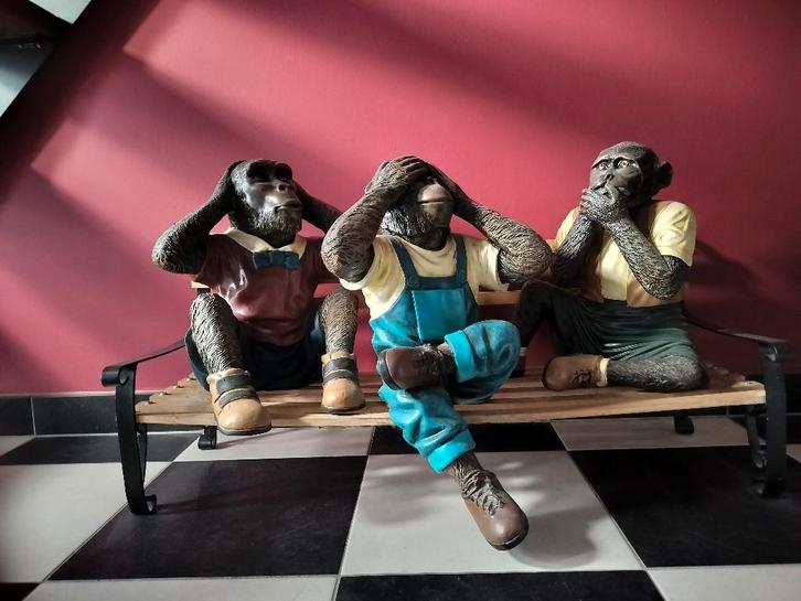Groot Decoratiebeeld Drie Wijze Chimpansees(Handgeschilderd), Verzamelen, Beelden en Beeldjes, Dier, Ophalen