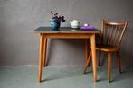 Petite table vintage aux pieds compas et au plateau bleu, Ophalen