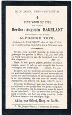 Bp. Bakelant Bertha. ° Kortrijk 1872 † Kortrijk 1902, Verzamelen, Bidprentjes en Rouwkaarten, Ophalen of Verzenden, Bidprentje