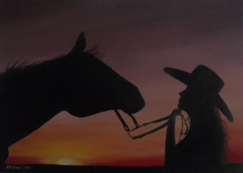 olieschilderij Cowgirl at sunset (50x70cm), Antiek en Kunst, Kunst | Schilderijen | Klassiek, Ophalen of Verzenden