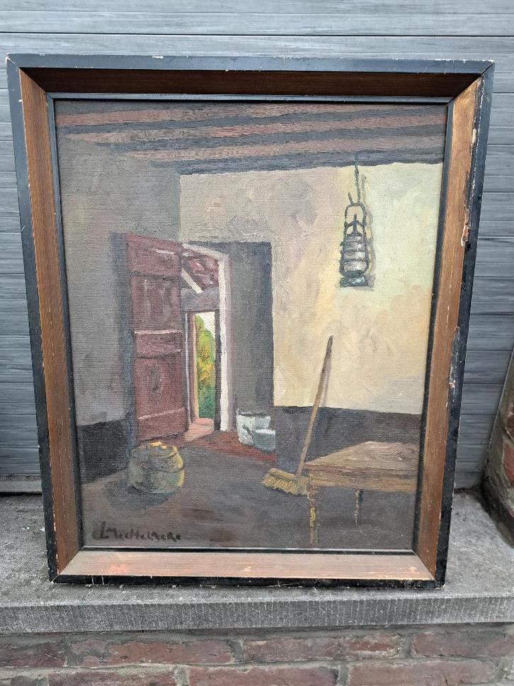 Huile sur toile interieur d une maison signe.leo mechelaere, Antiquités & Art, Art | Peinture | Classique, Enlèvement ou Envoi