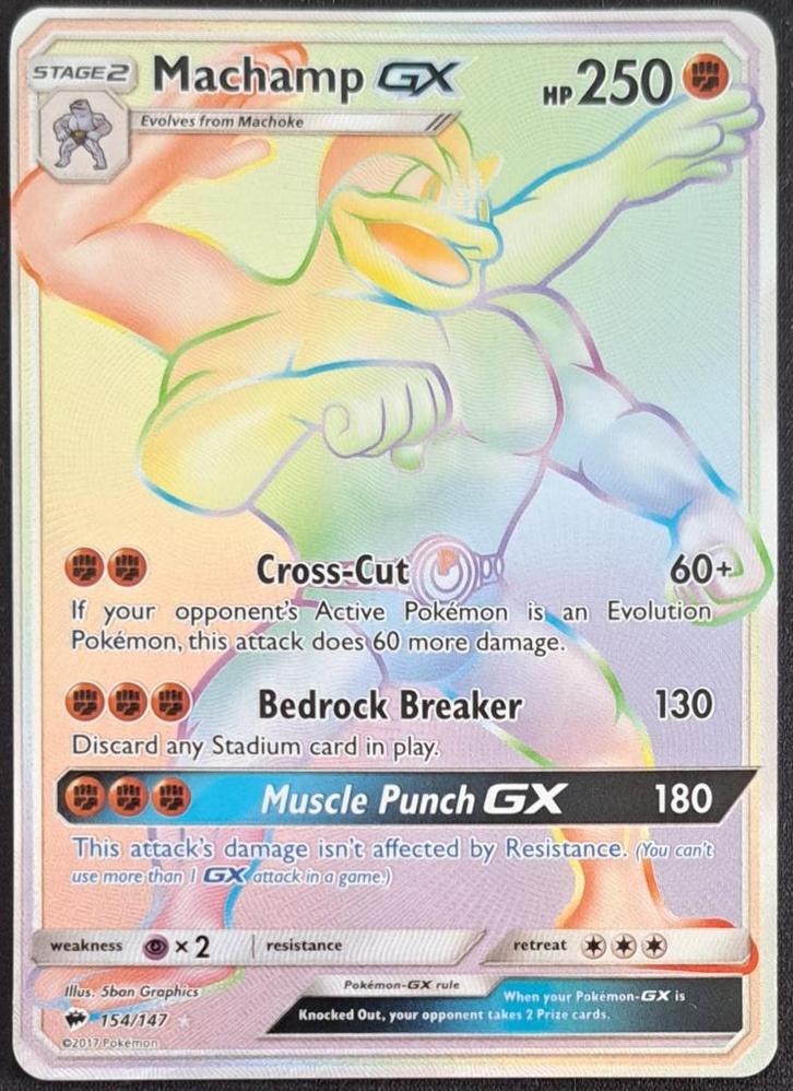 Pokemon Machamp GX Secret Rare Burnig Shadows 154/147, Hobby en Vrije tijd, Verzamelkaartspellen | Pokémon, Gebruikt, Losse kaart