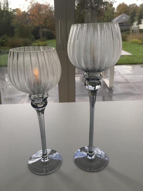 Schitterende glazen hoge kandelaars set van 2, Antiek en Kunst, Antiek | Kandelaars, Glas, Ophalen