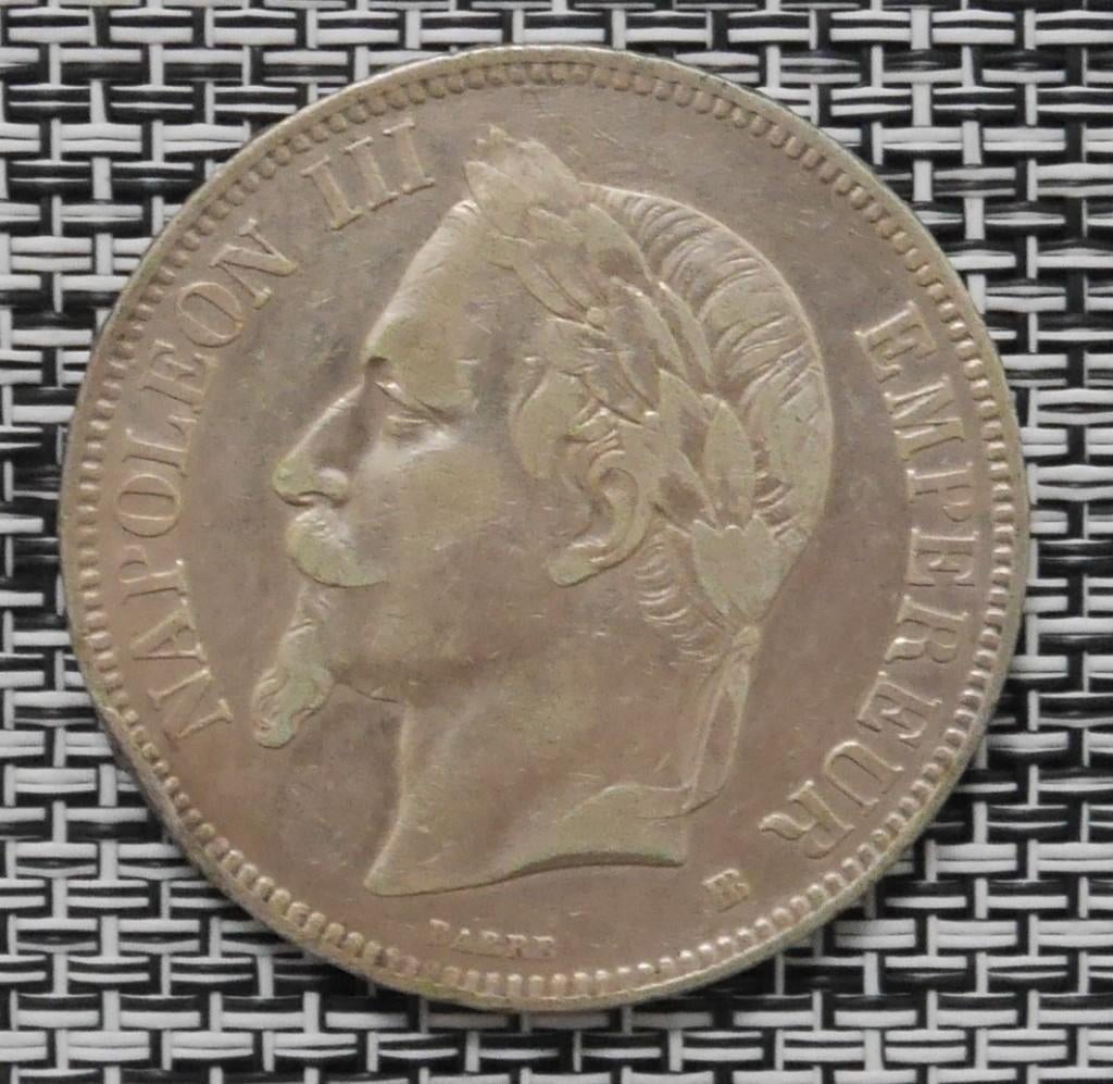 5 frank, hoofd van de laureaat Napoleon III, Ophalen of Verzenden, Frankrijk, Losse munt, Zilver