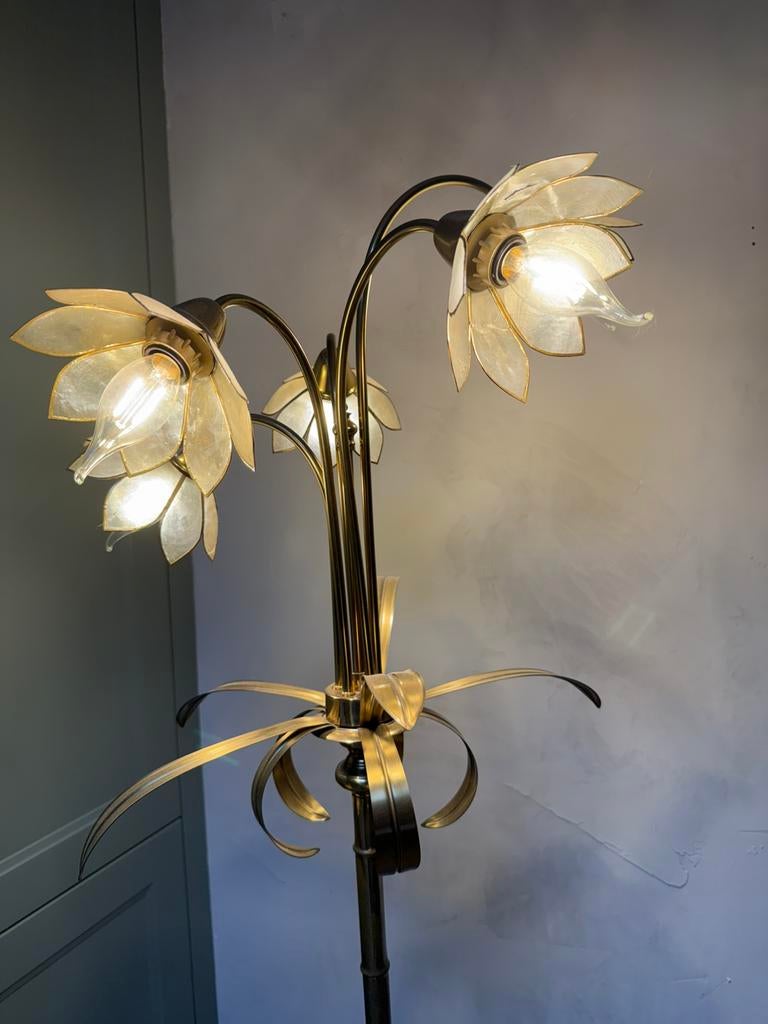 Vintage koperen palmboom bloemen lamp, Ophalen, Zo goed als nieuw