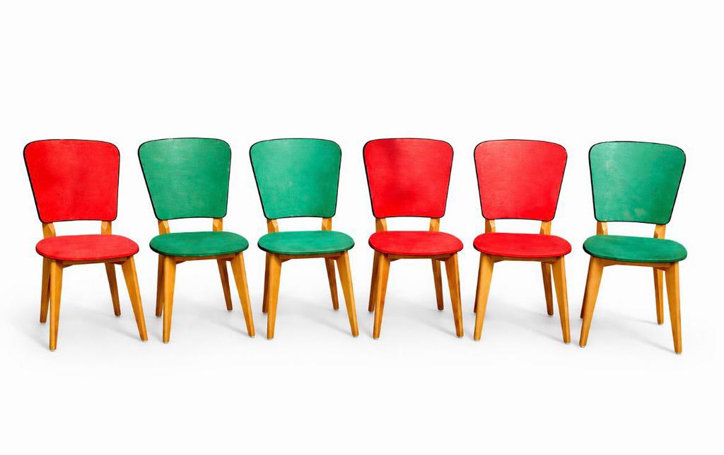 Set 6 Franse Retro rood/groen stoelen (Jaren 50/60), Gebruikt, Mid Century, Vijf, Zes of meer stoelen, Rood