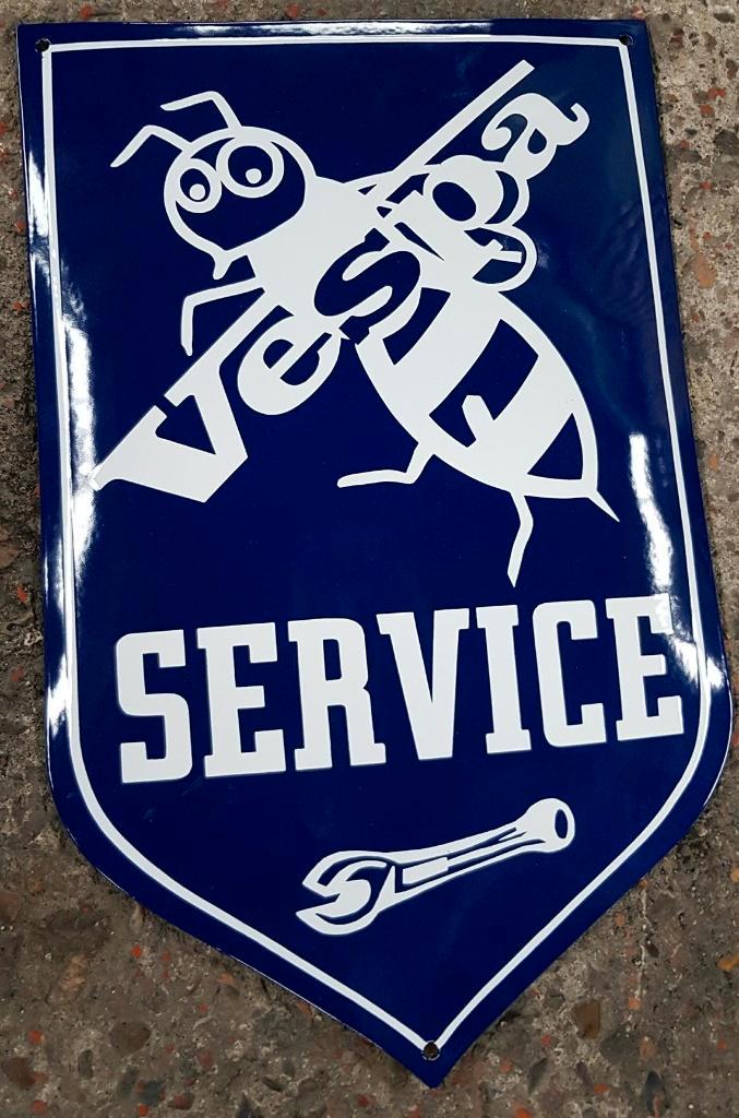 Vespa service servizio emaillen reclame decoratie bord, Collections, Marques & Objets publicitaires, Comme neuf, Panneau publicitaire