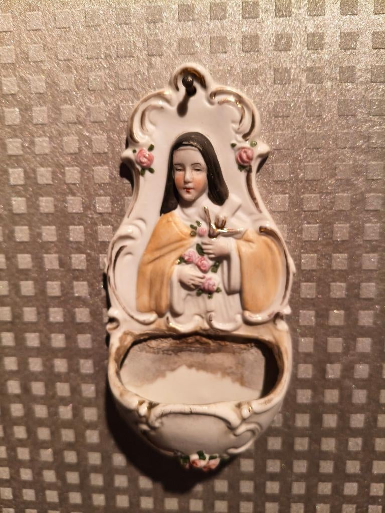 RÉCIPIENT À EAU BÉNITE EN PORCELAINE ANTIQUE AUTHENTIQUE, Enlèvement