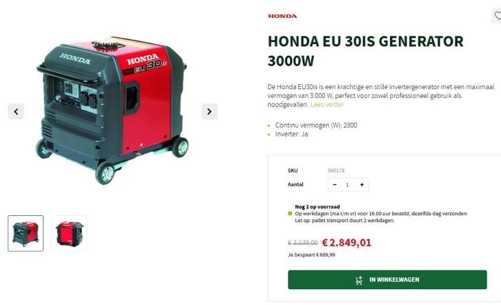 aggegraat / Honda EU 30 IS--Elektrisch startend--, Doe-het-zelf en Bouw, Aggregaten, Gebruikt, Benzine, Minder dan 5 kVA, Elektrisch startend